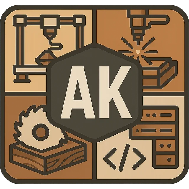 Das akmaker-Zeichen: vier Felder mit 3D-Drucker, Laser, Säge und Code um ein Sechseck mit den Buchstaben AK